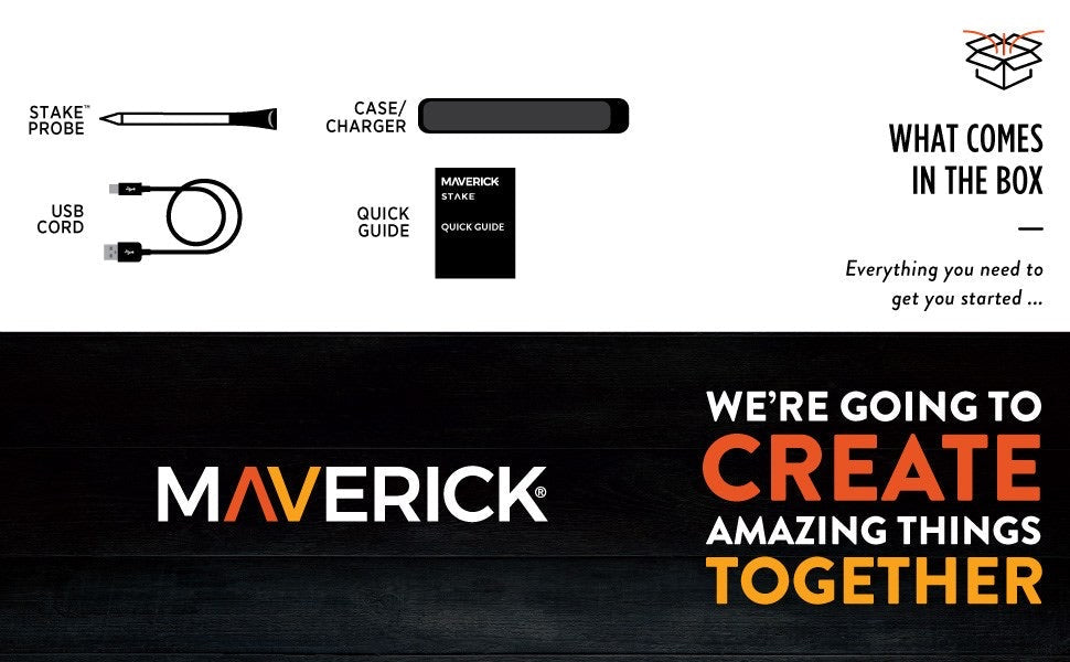 Stake maverick thermometer components including probe, charger, USB cord, and quick guide for grilling tools.