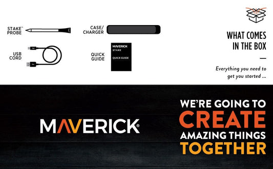 Stake maverick thermometer components including probe, charger, USB cord, and quick guide for grilling tools.