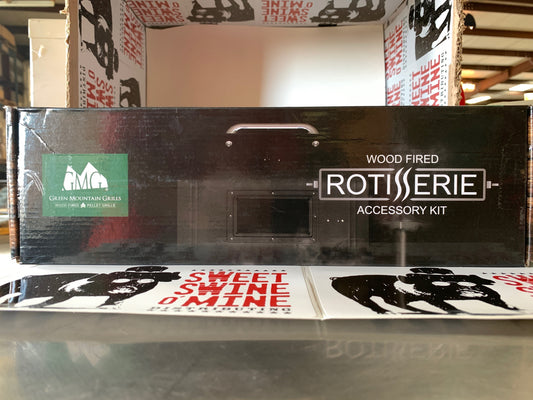 Green mountain rotisserie accessory kit for Daniel Boone/ledge packaging for wood-fired grilling.