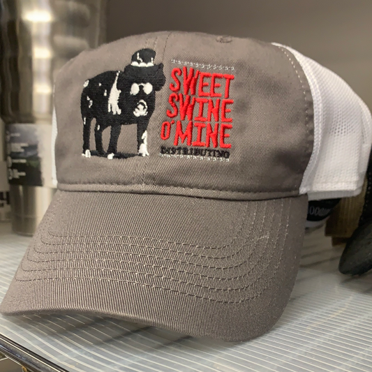 Sweet Swine O’Mine Outdoor Caps featuring charcoal gray bill and adjustable white mesh back for grilling enthusiasts.