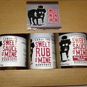 Sweet Swine O' Mine Gift Pack featuring BBQ sauces and rubs, perfect for grills, smokers, and cookers.