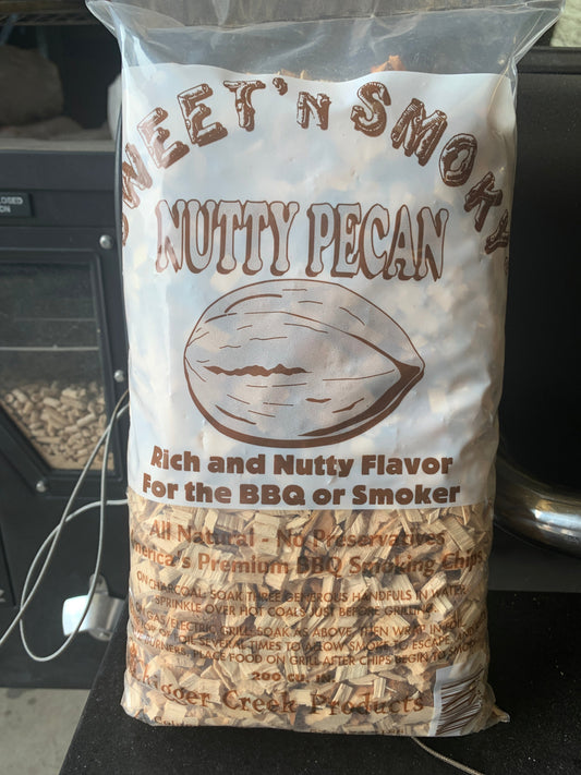 SWEET’N SMOKY nutty pecan chips for BBQ or smoker, enhancing flavor for grills, smokers, and cookers.