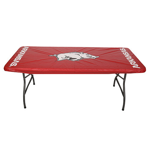 KwikCover 8’ Arkansas Razorbacks logo on a fitted table cover, perfect for outdoor grilling and BBQ events.