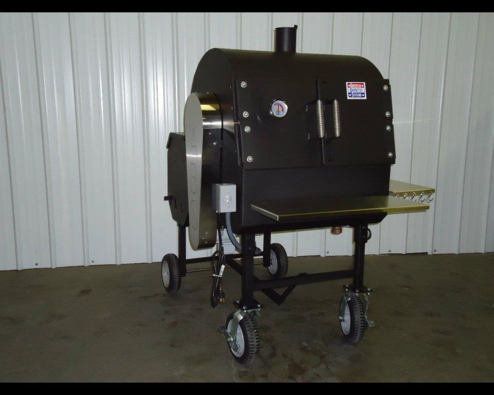 American Barbecue Systems Pit-Boss with SS Rotisserie - a durable outdoor grill and smoker for BBQ enthusiasts.