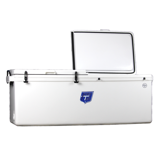 ICEY-TEK 270 Quart Split-Lid Cooler (FREE SHIPPING) with split lid open, ideal for outdoor grilling and BBQ adventures.