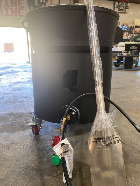 6.5 Gallon Windproof Steel Roll Around Combo with wheels and gas regulator, perfect for grills smokers and cookers.