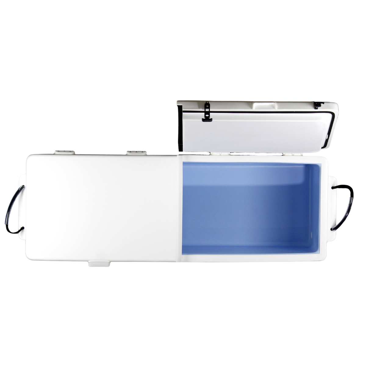 ICEY-TEK 270 Quart Split-Lid Cooler (FREE SHIPPING) top view with divided compartments for efficient storage.