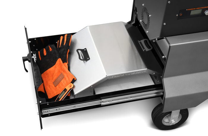 Yoder Smokers YS640s (Silver) Pellet Grill on Competition Cart with Drawer System featuring gloves and stainless steel drawer.