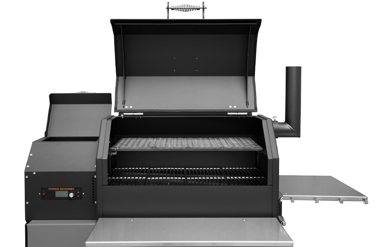 Yoder Smokers YS640s (Black) Pellet Grill on Competition Cart with Drawer System open for cooking.