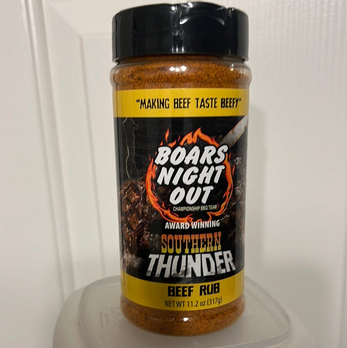 Boars Night Out Southern Thunder 11.2 oz. beef rub for grills smokers and cookers, perfect for BBQ enthusiasts.