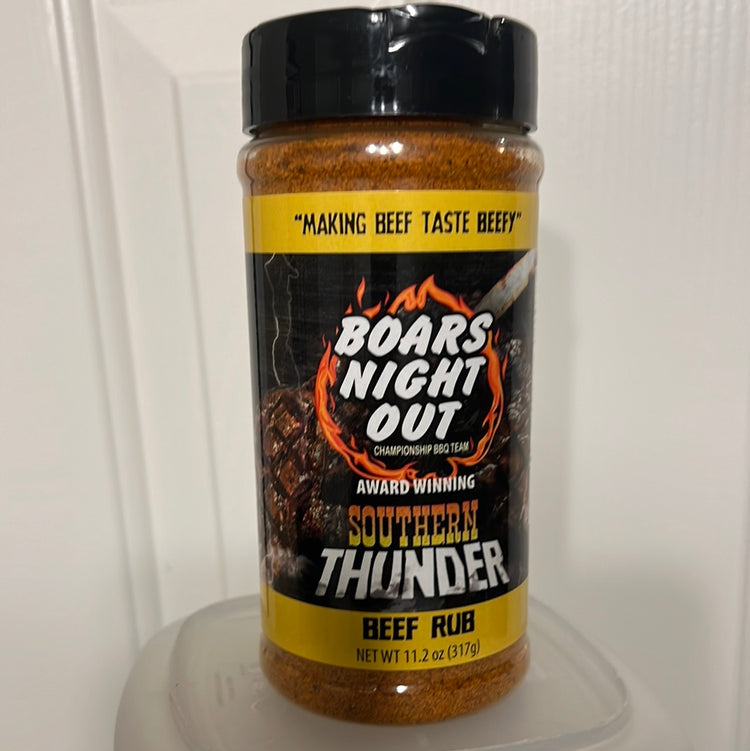 Boars Night Out Southern Thunder 11.2 oz. beef rub for grills smokers and cookers, perfect for BBQ enthusiasts.