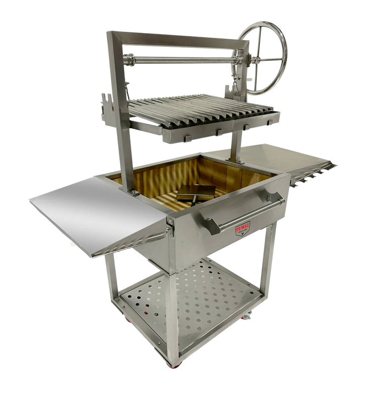 Primal Grills Live Fire Model 32 Inch showcasing its stainless steel build, versatile grilling features, and compact design.