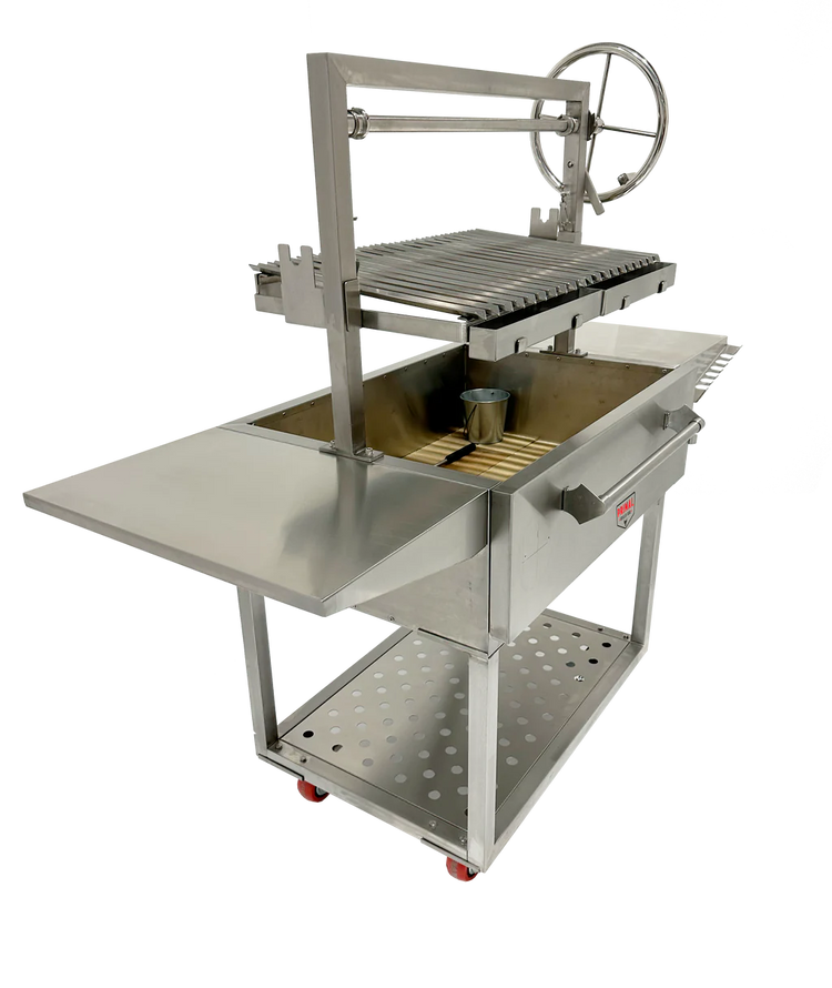 Primal Grills Live Fire Model 40 Inch, stainless steel outdoor grill with side tables and adjustable features for backyard BBQ.