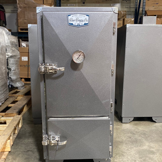 Blue Bayou Smokers Party Krewe smoker with temperature gauge, perfect for outdoor grilling and BBQ accessories online.