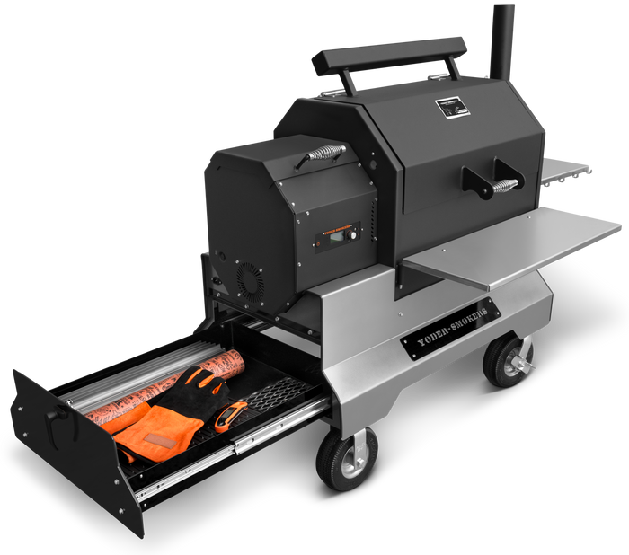 Yoder Smokers YS640s (Silver) Pellet Grill on Competition Cart with Drawer System featuring stainless steel shelves.