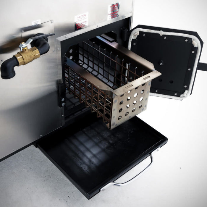 Close-up view of the Ole Hickory Ace BP smoker's removable pellet basket and ash tray for easy cleaning and maintenance.