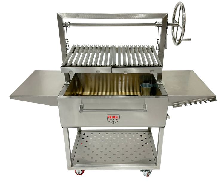 Primal Grills Live Fire Model 40 Inch outdoor grill with stainless steel design, perfect for backyard grilling and BBQ fiestas.