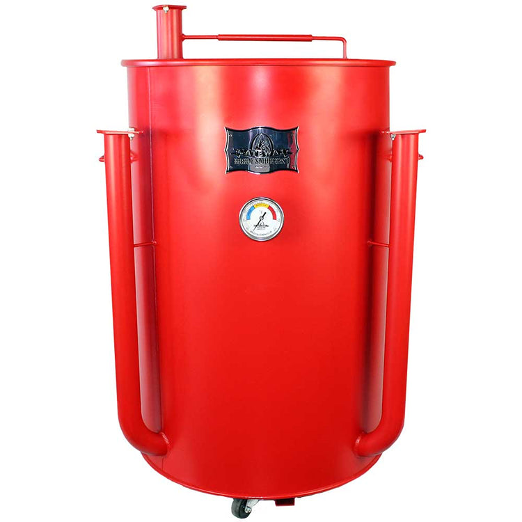 Gateway Drum Smoker 55G matte red - perfect for backyard grilling and flavorful barbecue cooking.