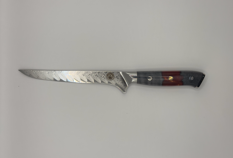 Spaceman Triton Boning Knife with a beautiful feathered VG-10 steel blade and epoxy handle, perfect for grilling enthusiasts.
