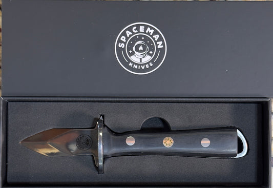 Spaceman Oyster Shucker Knife in a sleek box, perfect for grilling and outdoor BBQ enthusiasts.