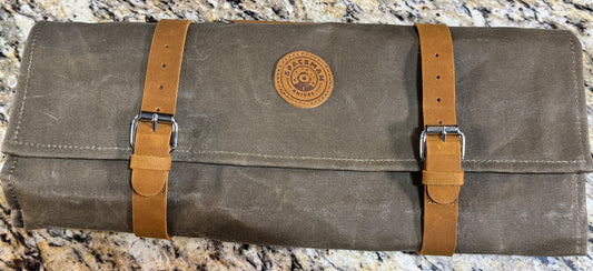 Spaceman Chef Knife Roll featuring waxed canvas and leather accents, perfect for grill cooks and BBQ enthusiasts.