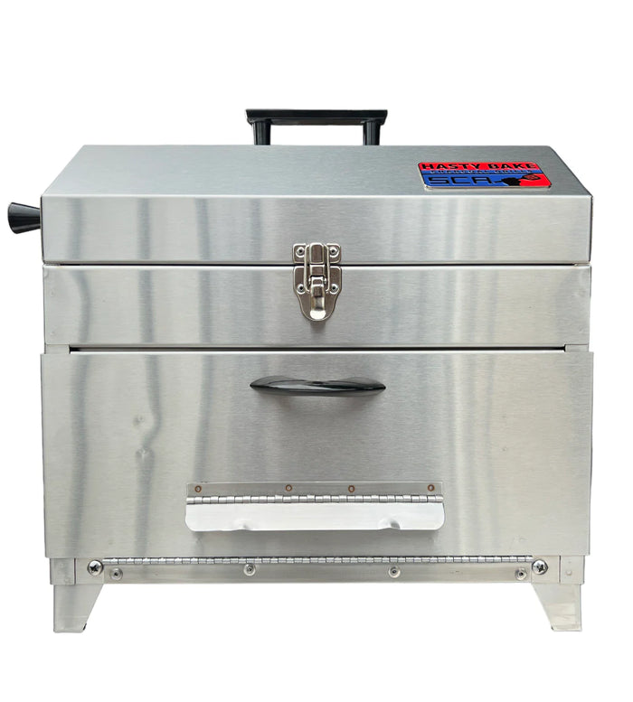 Hasty Bake HB 250 stainless steel grill smoker for competition BBQ cooking with versatile features.