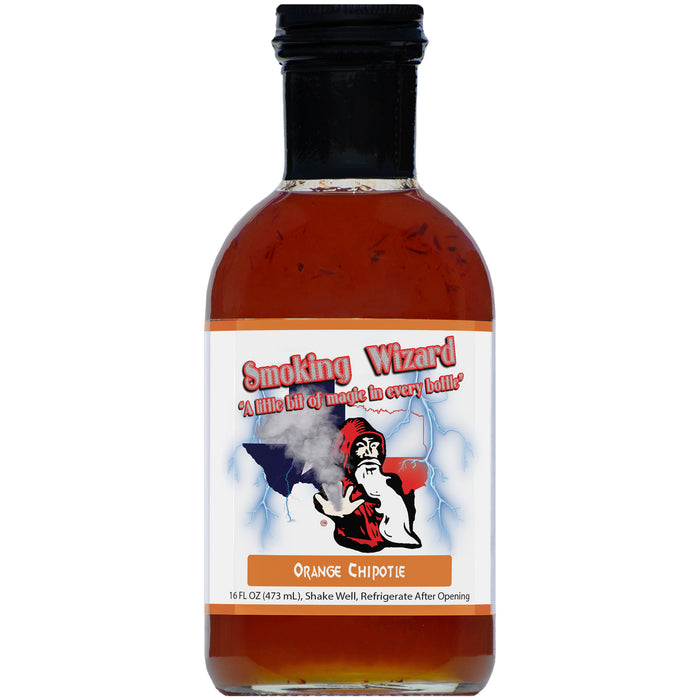 Smoking Wizard Orange Chipotle BBQ Glaze in a bottle, perfect for grilling with grills smokers and cookers.