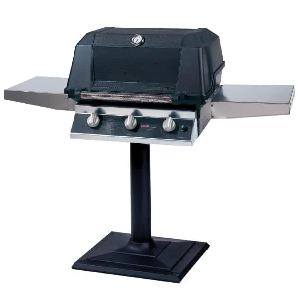 MHP Tri-Burn Gas Grill with three grilling zones and durable cast aluminum construction for outdoor cooking.