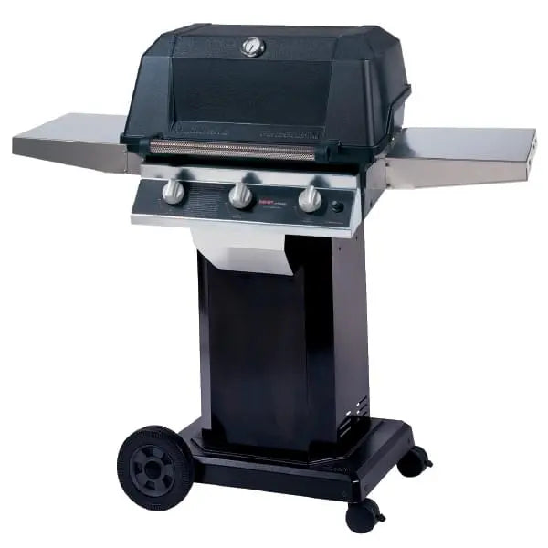MHP Tri-Burn Gas Grill with stainless steel and black exterior, showcasing three grilling zones and ample cooking space.