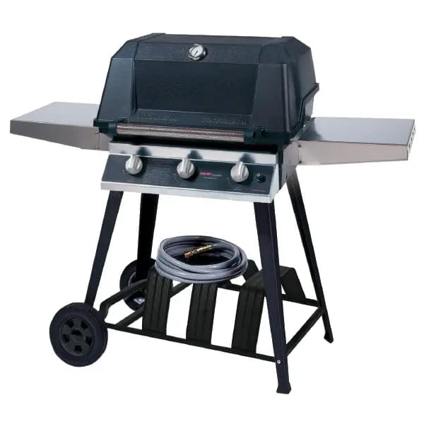 MHP Tri-Burn Gas Grill with stainless steel side shelves and wheels, perfect for outdoor grilling and BBQ enthusiasts.