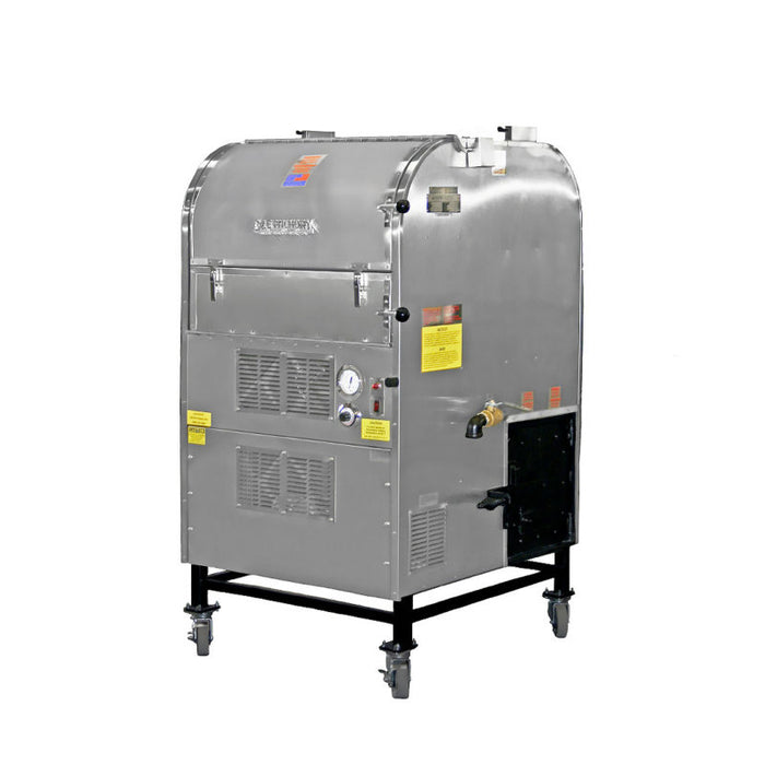 Ole Hickory Ace BP stainless steel competition smoker with thermostatic controls for grilling and barbecue.