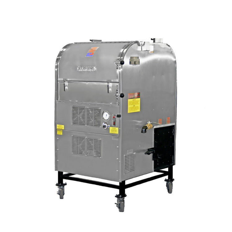 Ole Hickory Ace BP stainless steel competition smoker with thermostatic controls for grilling and barbecue.