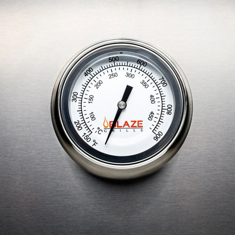 Blaze Prelude LBM 32-Inch 4-Burner Natural Gas Grill meat thermometer for BBQ cooking.