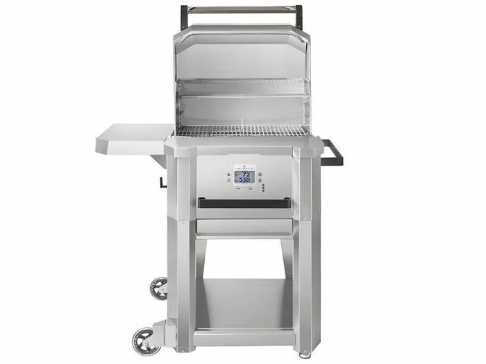 Memphis Grills Elevate Freestanding Pellet Grill W/ Cover shown front view with stainless steel design and side shelf.