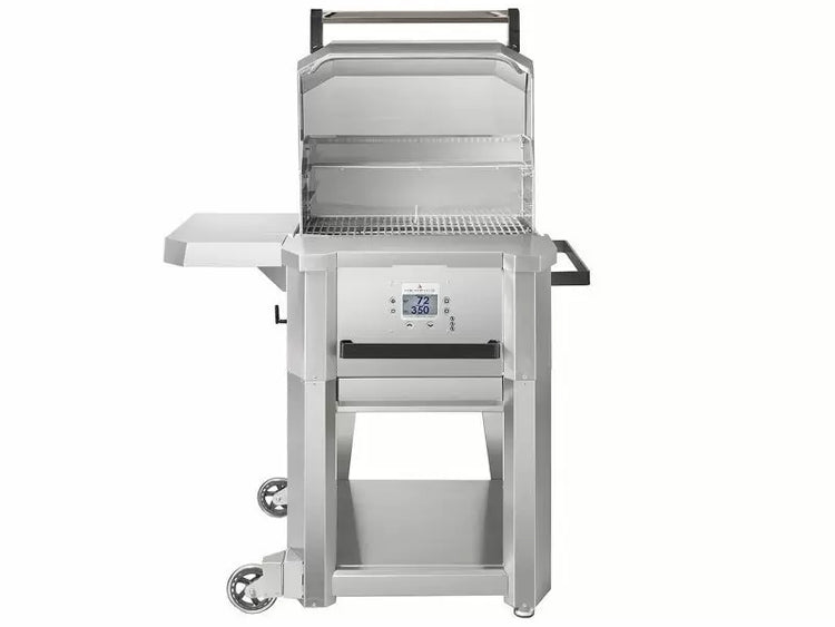 Memphis Grills Elevate Freestanding Pellet Grill W/ Cover shown front view with stainless steel design and side shelf.