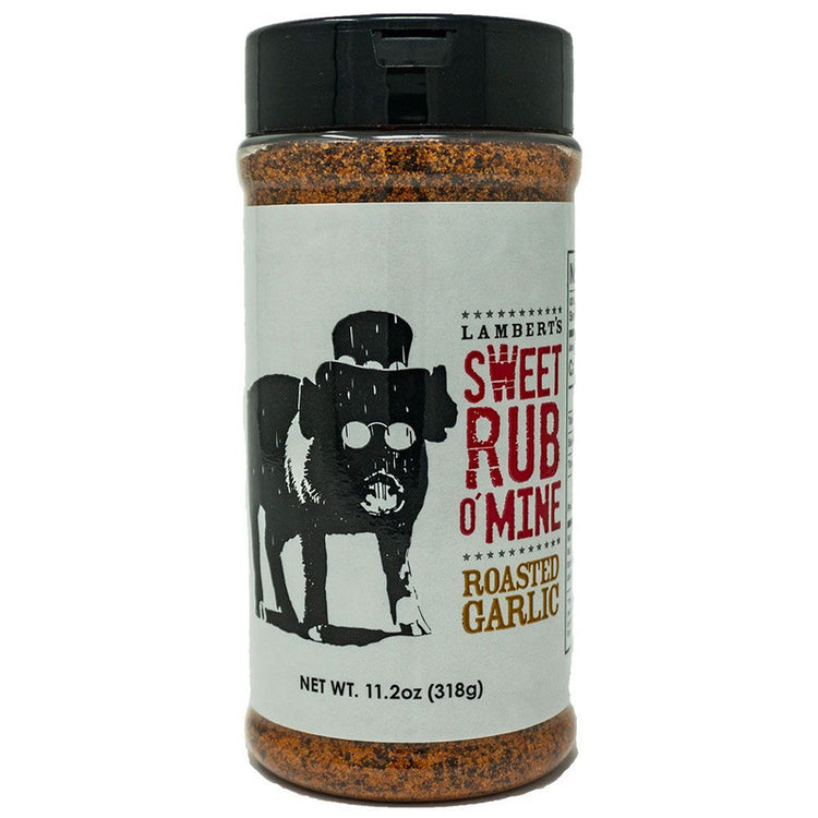 Sweet Rub O' Mine Roasted Garlic 11.2oz bottle for BBQ, ideal for grills and smokers, enhancing flavor in meats.