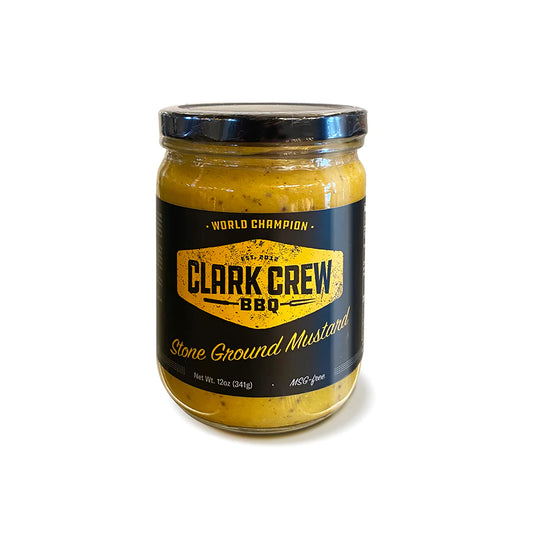 Clark Crew BBQ Stone Ground Mustard for grills, smokers, and cookers enthusiasts, perfect for BBQ sauces and marinades.
