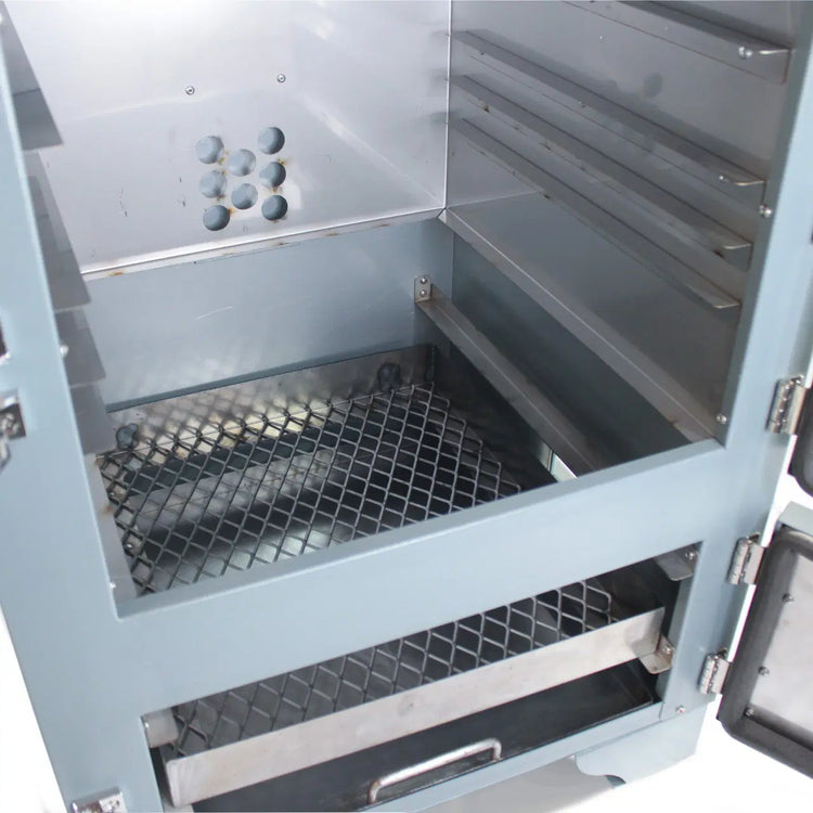 Blue Bayou Smokers Lil Bayou (Same as Backwoods chubby 3400) interior view showing stainless steel features and racks.