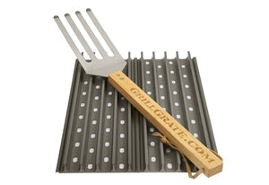 GrillGrate 13.75” length gift set with two grilling grates and a flipping tool for grills smokers and cookers.