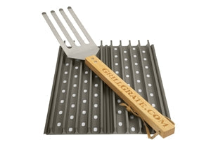 GrillGrate 18” Kettle set with two interlocking grilling grates and flipping tool for perfect barbecue grilling.