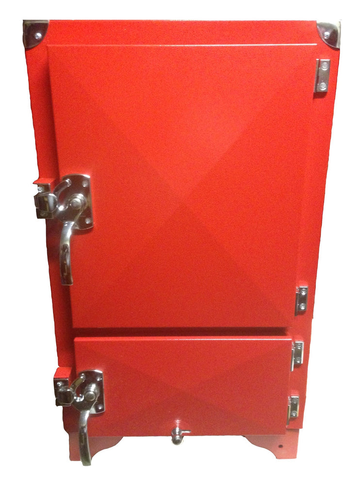 Red Box Smoker (firebox insert not included) with shiny metal latches, designed for outdoor grilling and barbecue.
