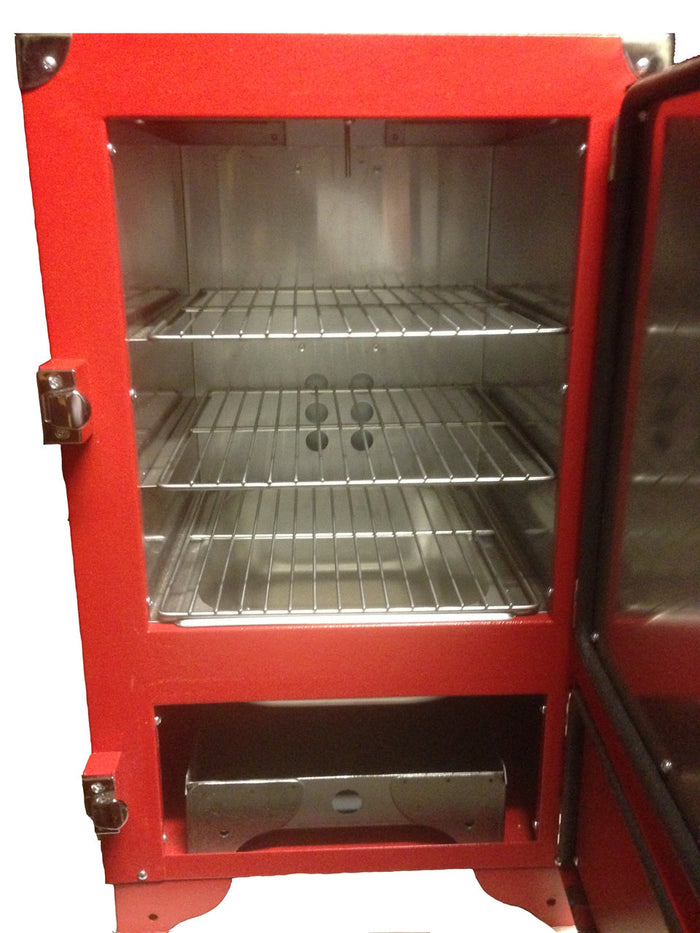 Red Box Smoker (firebox insert not included) with sleek red exterior and stainless steel interior racks for grilling.