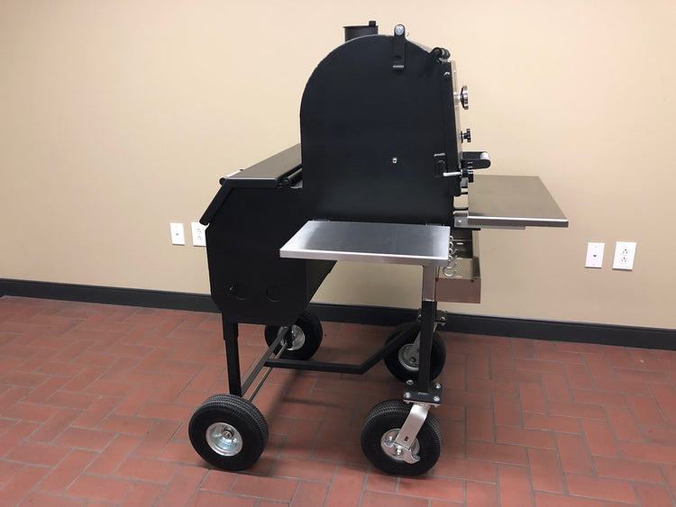 American Barbecue Systems All Star Smoker on wheels, perfect for backyard grilling and smoking with charcoal or wood.
