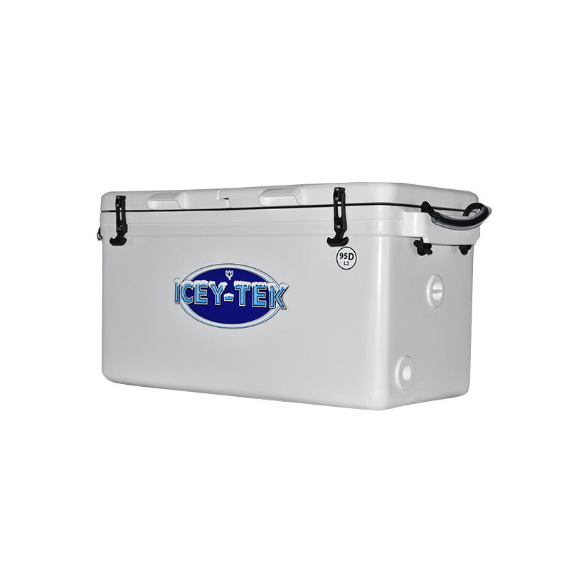 ICEY-TEK 95 QT Cooler With Permanent 50/50 Internal Divider (FREE SHIPPING) side view for outdoor adventures and BBQ.