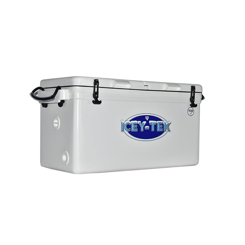 ICEY-TEK 95 QT Cooler With Permanent 50/50 Internal Divider (FREE SHIPPING) side view with rugged design.