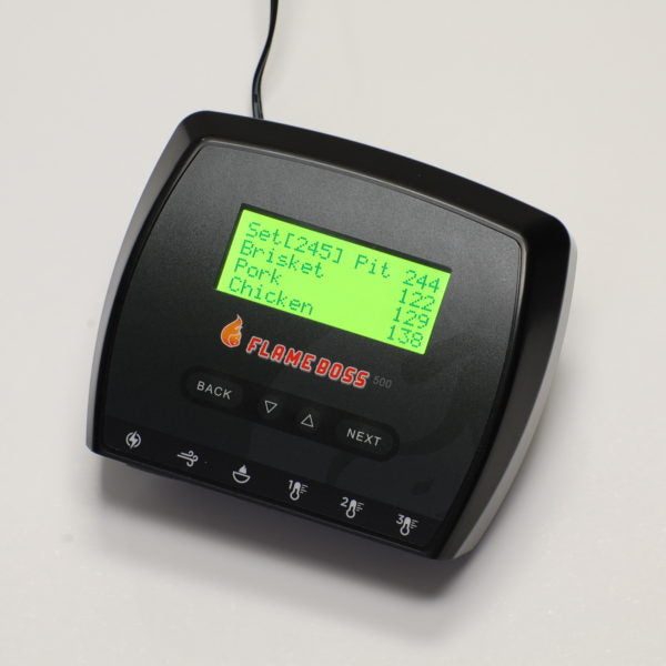 Flame Boss 500 Universal Kit with LCD display monitoring multiple meats for grills, smokers and cookers.