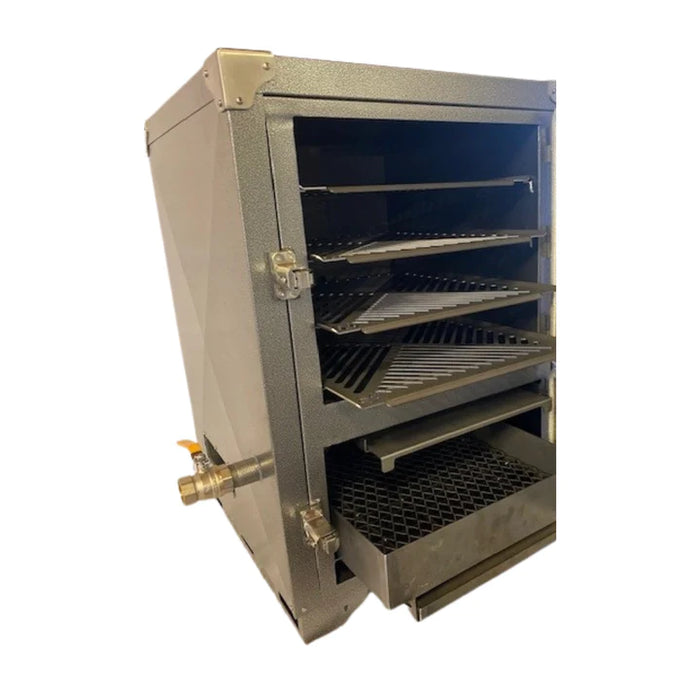 Blue Bayou Smokers Cou- Yon Gator with multiple cooking racks and charcoal drawer for outdoor grilling.