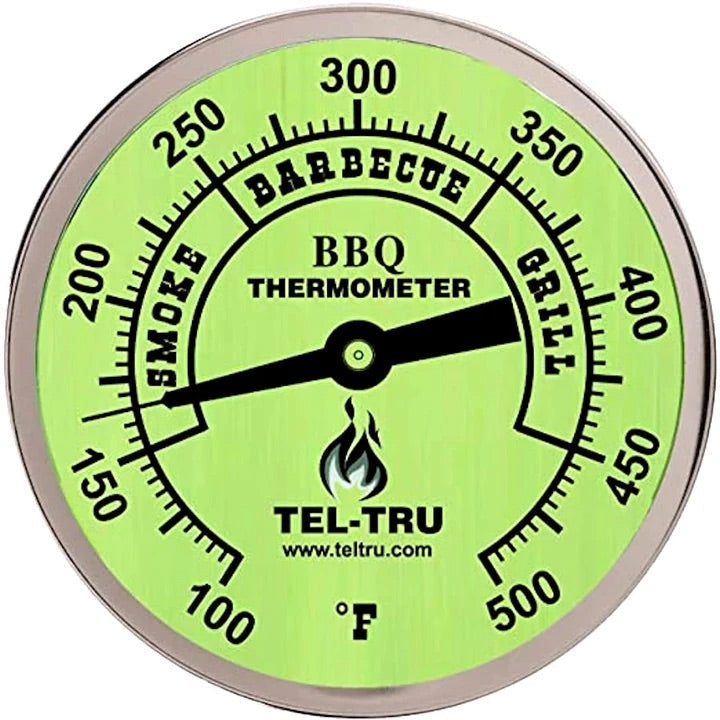 Tel-Tru BQ300 BBQ thermometer for grills smokers and cookers with glow dial and 100/500°F range.