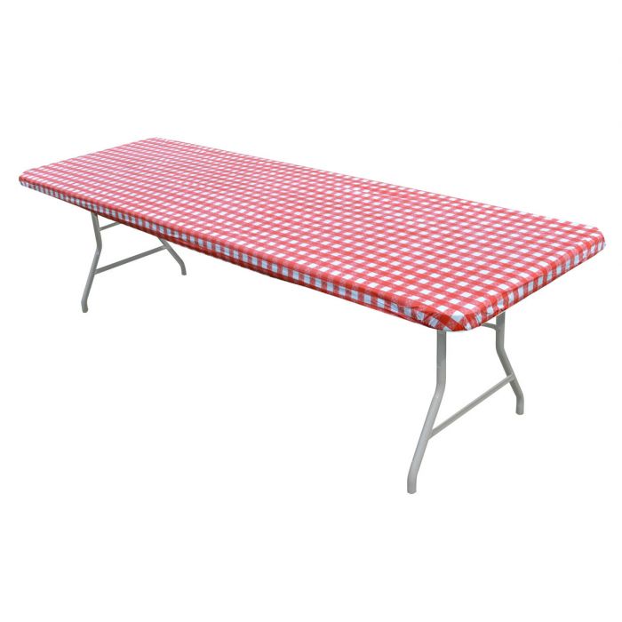 KwikCover 8’ Red/White Gingham fitted table cover perfect for outdoor grills and smoker gatherings.