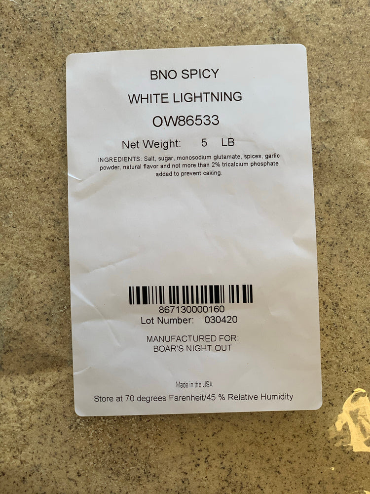 Boars Night Out SPICY White Lightening 5 lb bag packaging featuring ingredients and nutrition facts for BBQ enthusiasts.